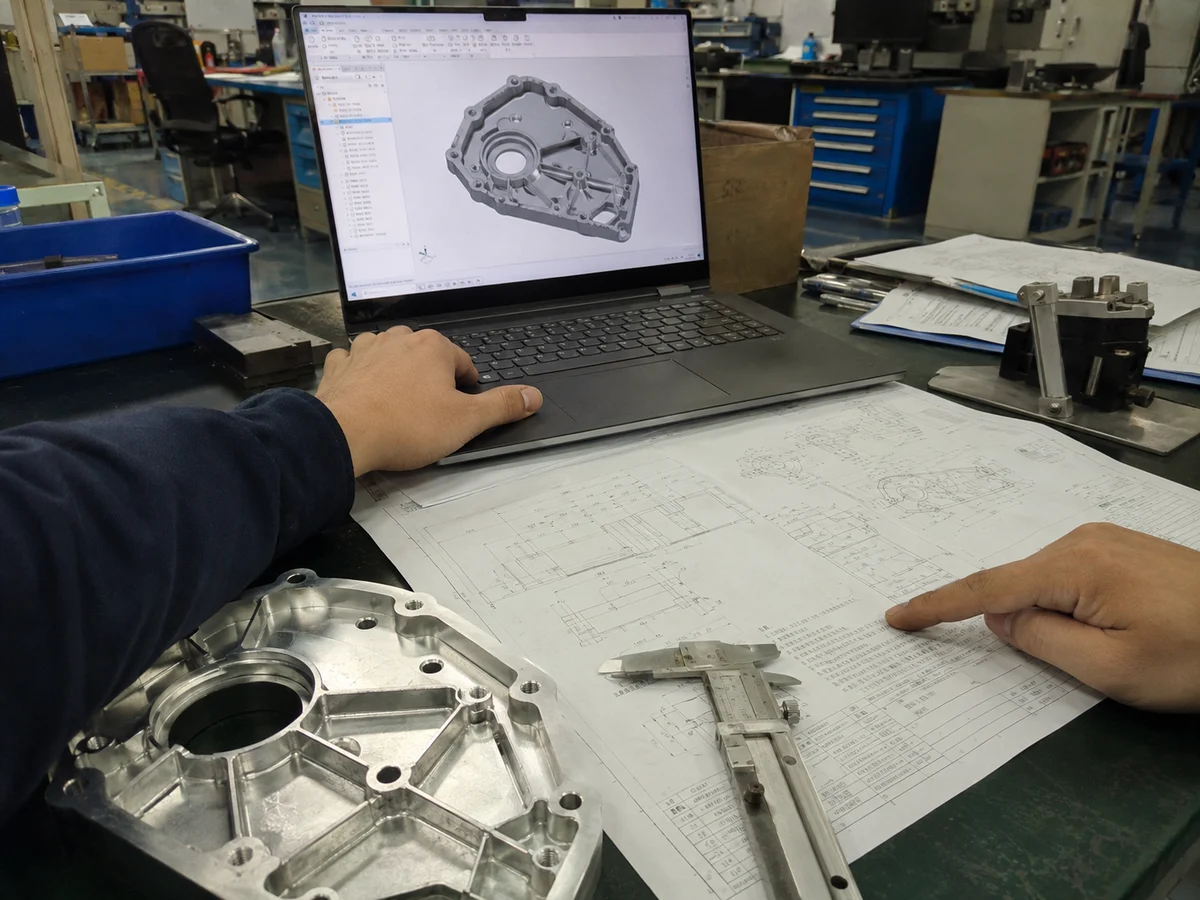 Engineer reviewing CAD and drawing for DFocus prototype quote