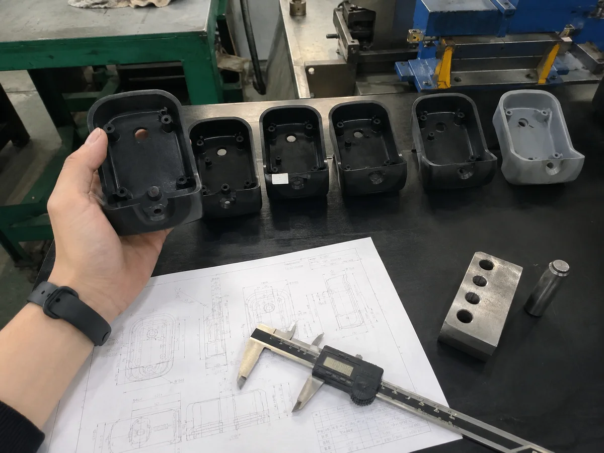 Plastic T1 sample set checked with drawing and calipers