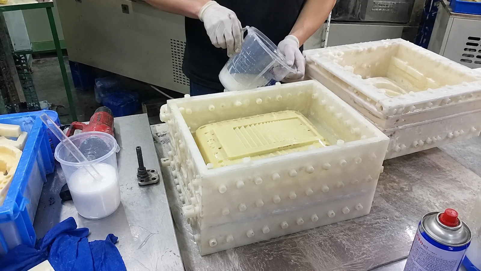 Urethane casting resin poured into silicone mold boxes